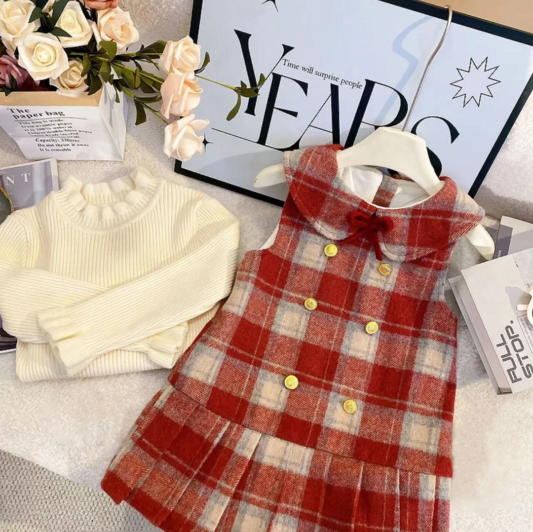 【精品加绒】彩色格子设计师款娃娃领洋气保暖百褶公主裙套装-S65