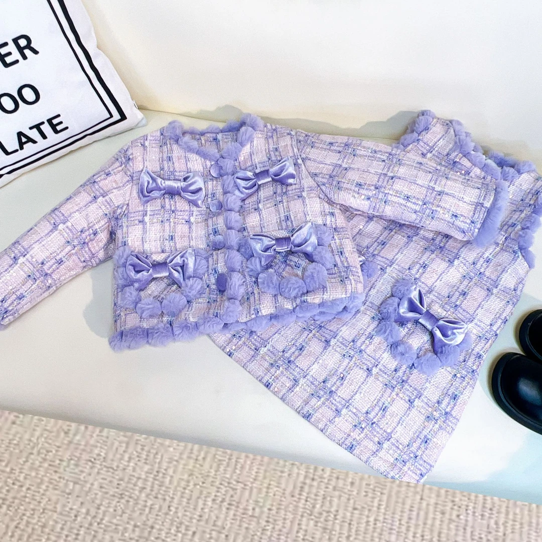 女童韩系紫色小香风夹棉气质连衣裙套装2024秋冬小女孩洋气两件套