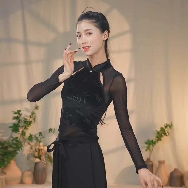 新款古典舞女修身显瘦成人丝绒拼网纱上衣形体现代民族舞演出服装
