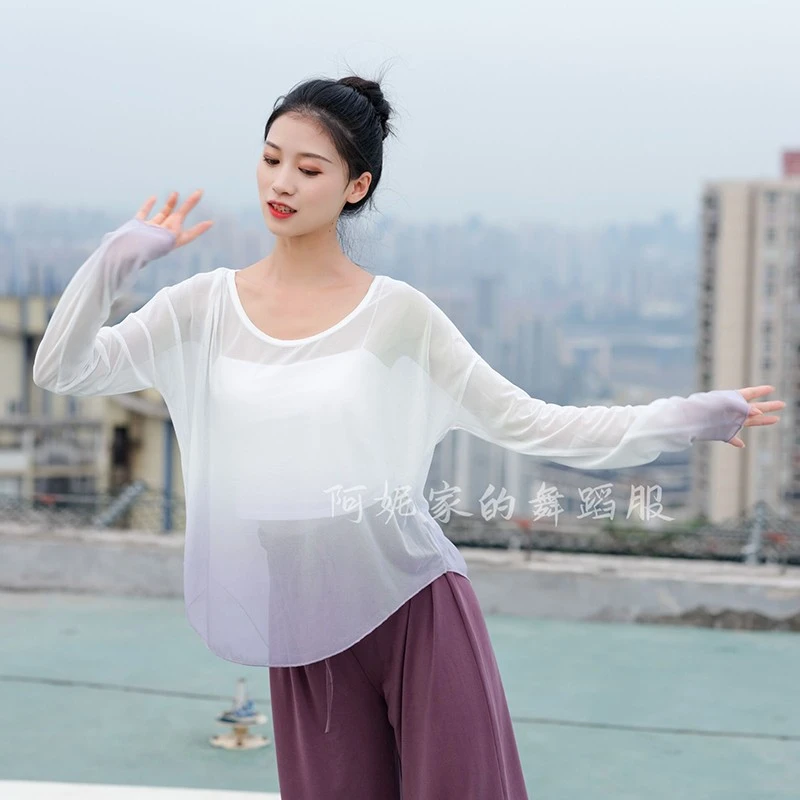 古典舞蹈服女宽松渐变网纱飘逸上衣新款长袖现代民族舞练功演出服