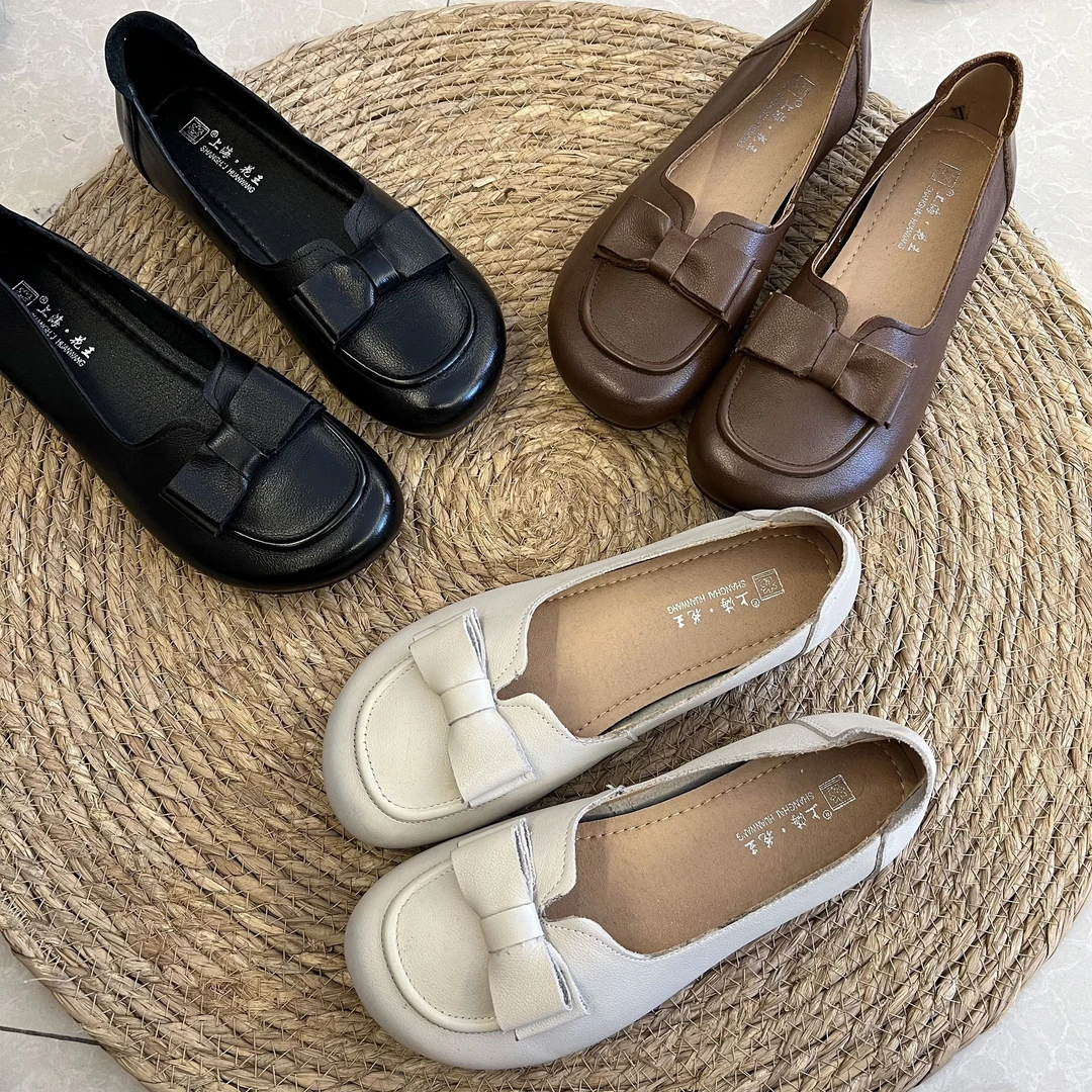 春秋舒适百搭夏季真皮软底复古平底休闲春季妈妈鞋防滑浅口圆头