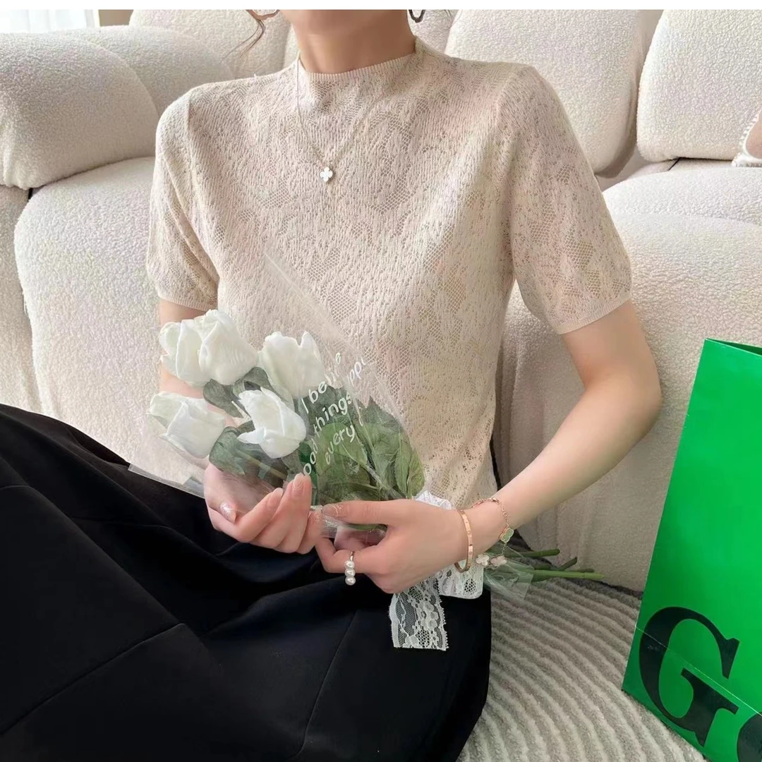 早春夏季薄款显瘦蕾丝女圆领镂空提花针织打底衫ZH-2325