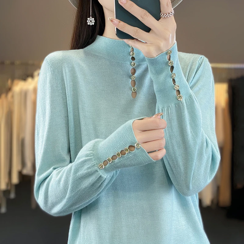 设计感！半高领套头针织衫纯色百搭宽松长袖袖子带扣上衣3368