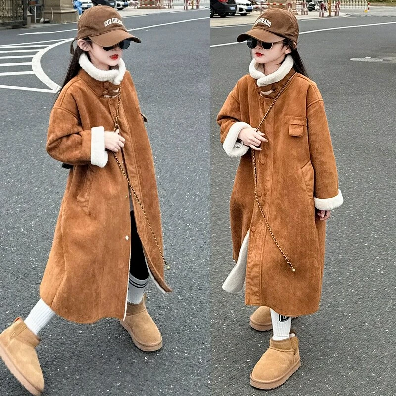 女大童皮毛一体外套2025中长款休闲加厚女孩冬季加厚时髦洋气大衣