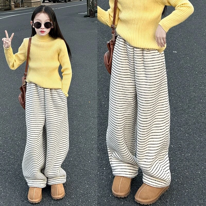 女童加绒加厚裤子2025新款洋气女孩条纹裤一体绒保暖一件过冬棉裤
