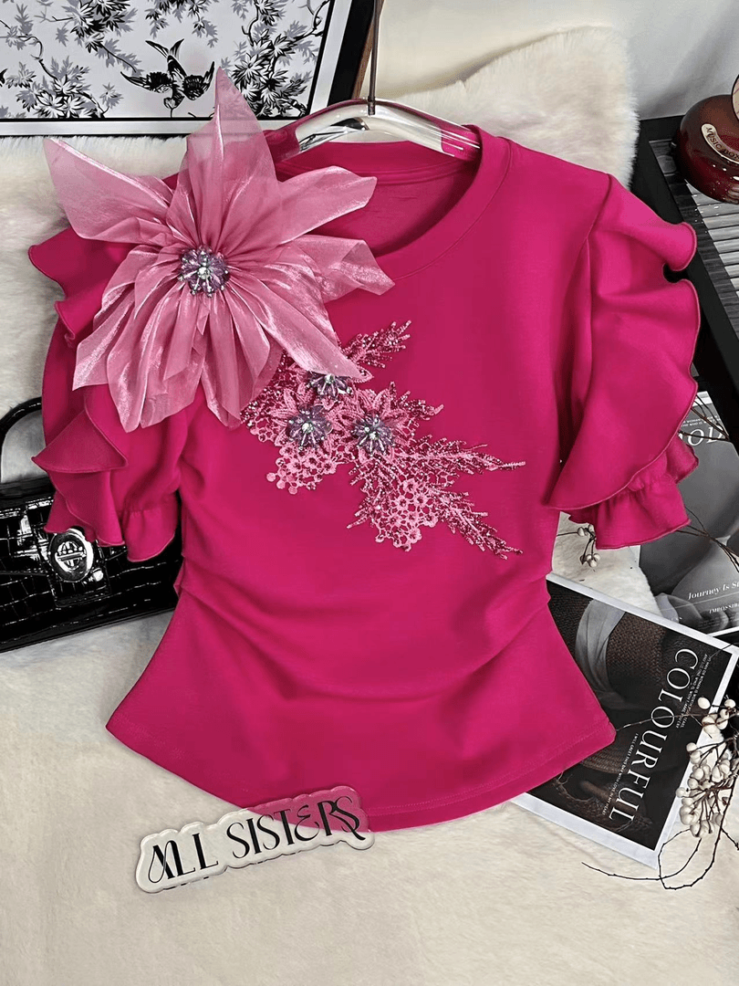 ALL SISTERS 时尚新款2024瘦腰设计感短袖立体花卉工艺圆领T恤女