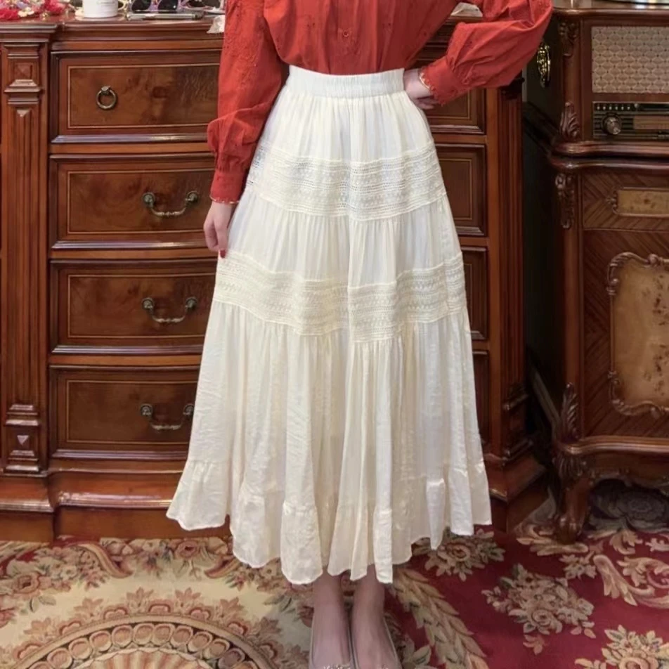 现货清清【一生罗曼】法式温柔松紧腰显瘦镂空花边A字半身裙B712