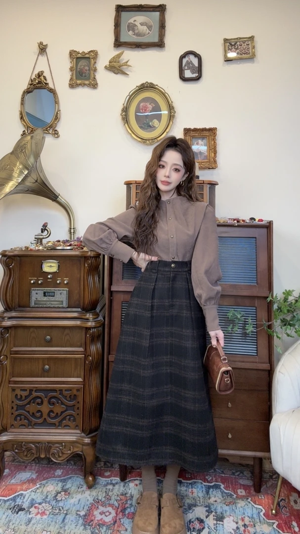 【十一港风】复古港风格纹拼接后腰松紧通勤连衣裙(带腰带)L1011