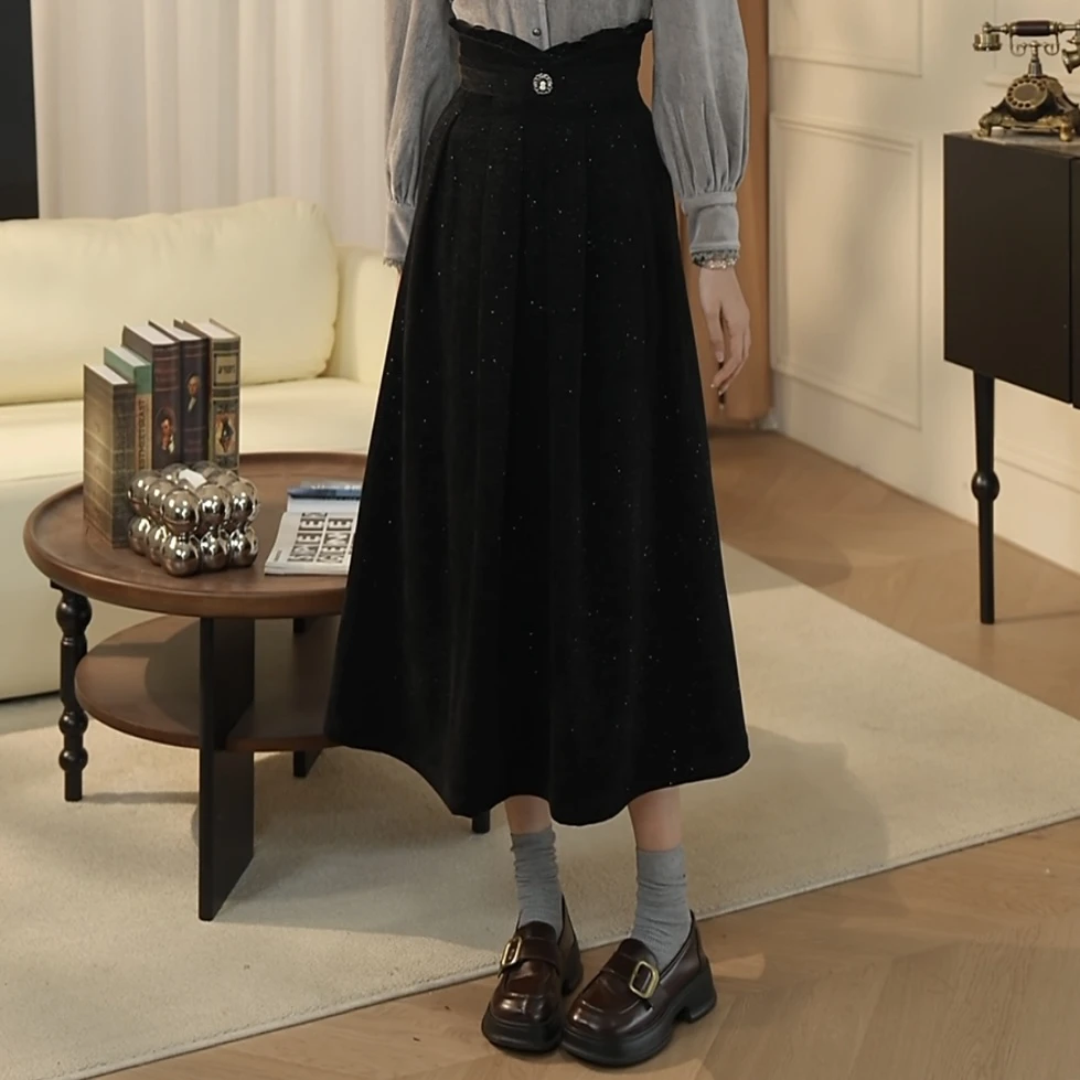 酒酒【派对c位】加厚设计感木耳边复古百褶显瘦半身裙B969