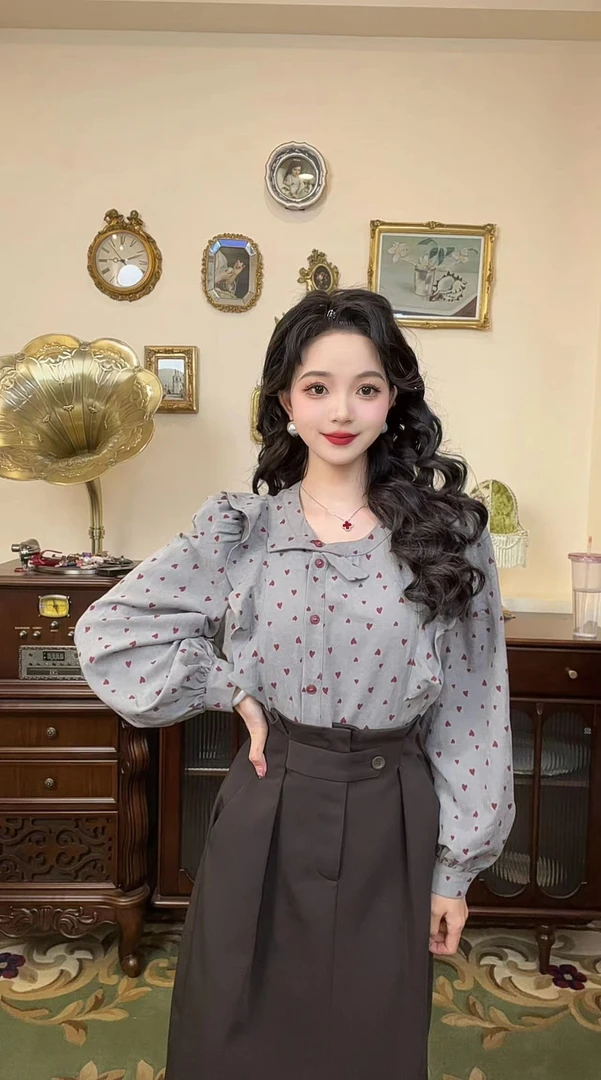 现货【思思港风】复古斜门襟洋气减龄设计感波点衬衫Y3684