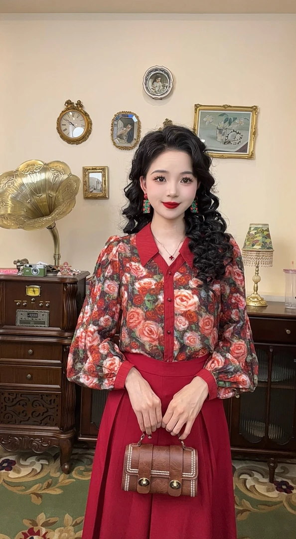 现货【思思港风】复古通勤撞色翻V领百搭衬衫Y3568