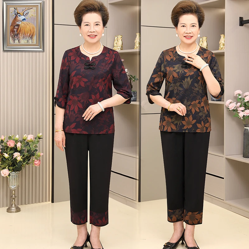夏装女老人套装中老年人60岁70奶奶装衣服妈妈T恤上衣薄款两件套