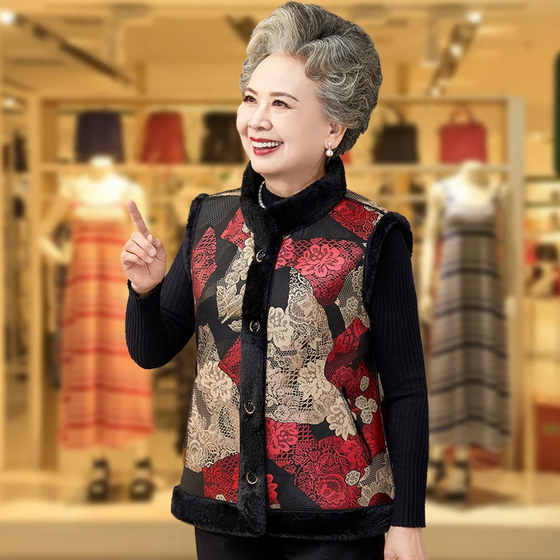 中老年女民族风保暖马甲老年妈妈装马夹母亲洋气衣服加绒加厚背心