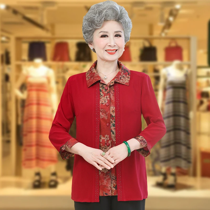 老年人春装女60岁奶奶夏装衬衫薄款妈妈长袖假两件70岁80老人衣服