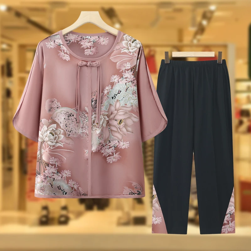 妈妈夏装套装2024新款中老年洋气时尚中袖套装奶奶装夏季老人衣服