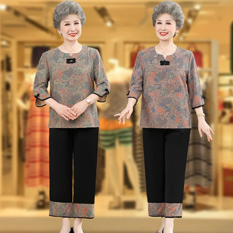 妈妈夏装印花套装中老年人七分袖宽松开衫奶奶洋气衣服老人两件套