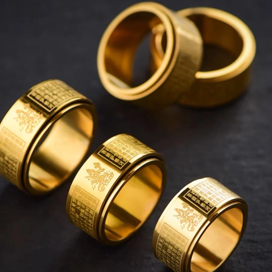 钛钢戒指 十二生肖心经转动解压时尚指环手工情侣不掉色复古男士