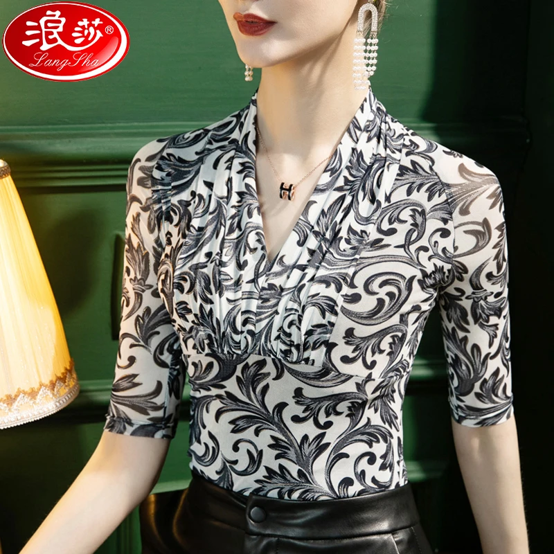 浪莎夏季V领烫金网纱T恤女五分袖修身淑女印花中袖打底衫气质气质