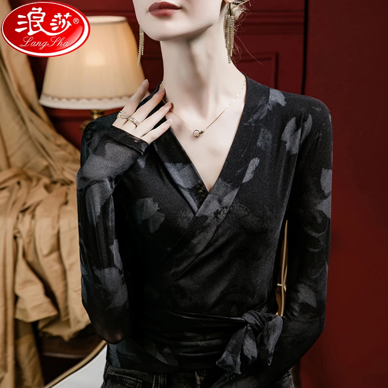 浪莎扎染印花V领网纱打底衫女修身2025秋季调节绑带上衣印花小衫