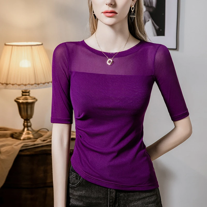 LANSWE/浪莎网纱打底衫女五分袖女装褶皱拼接女装舞蹈中袖上衣