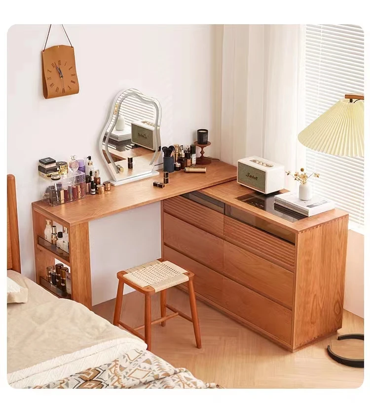 樱桃木北欧化妆台原木梳妆台斗柜化妆桌卧室床中古风家具
