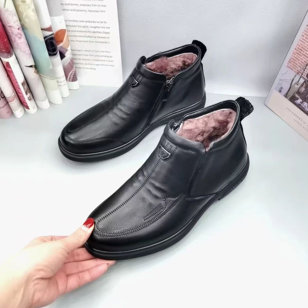 头层全牛皮羊羔毛2024新款男舒适保暖毛鞋中老年软底