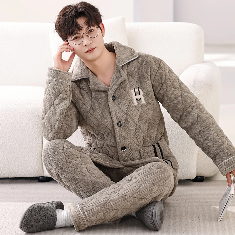 珊瑚绒夹棉男士睡衣套装秋冬新款加厚保暖加肥大码翻领开衫家居服