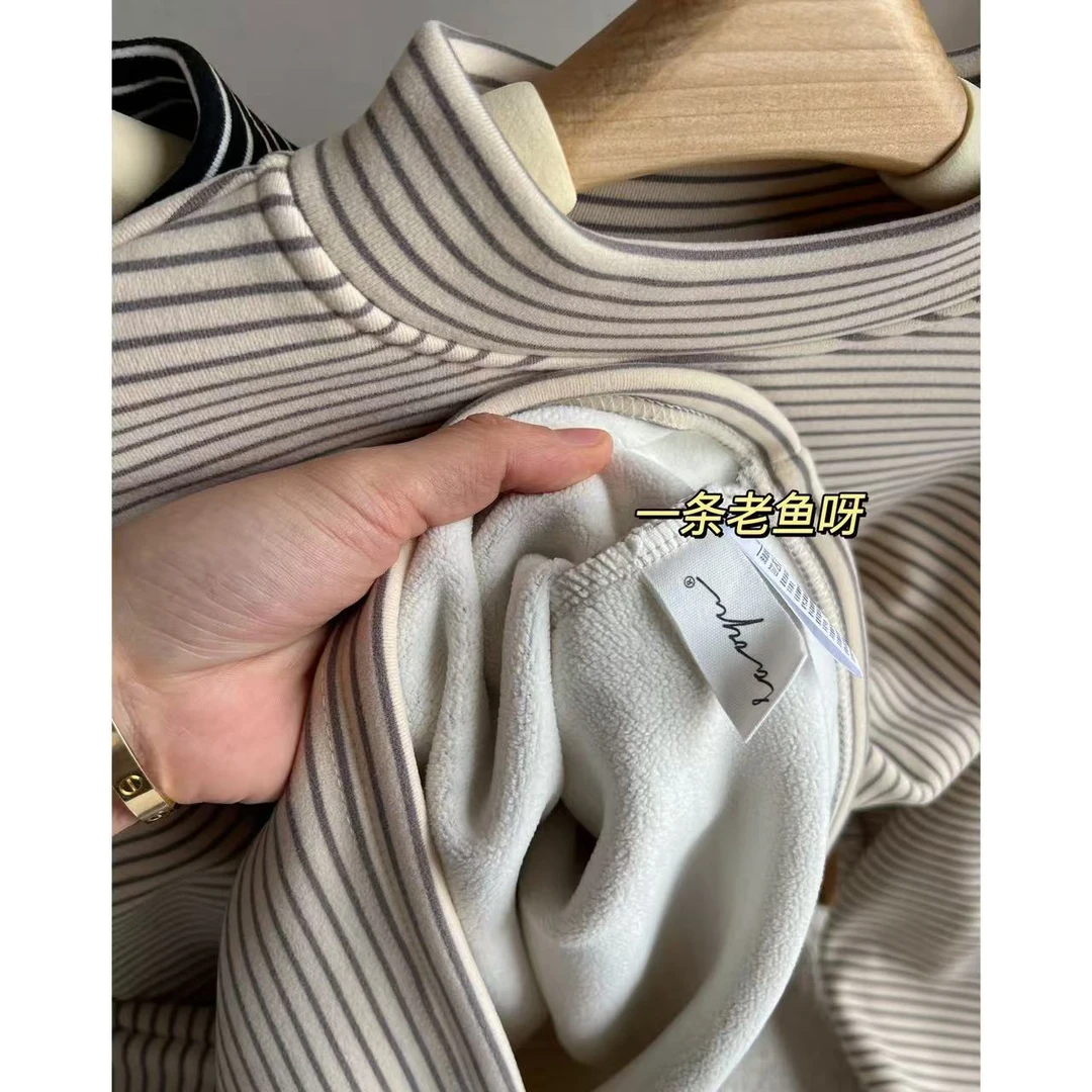 R 小立领条纹长袖T恤打底衫女 秋冬加绒加厚内搭