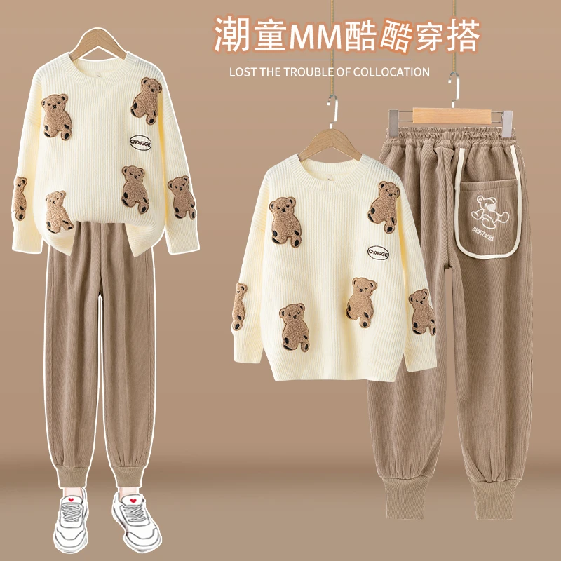 女童冬装2023新款加绒加厚毛衣秋冬季儿童炸街圣诞套装中大童衣服