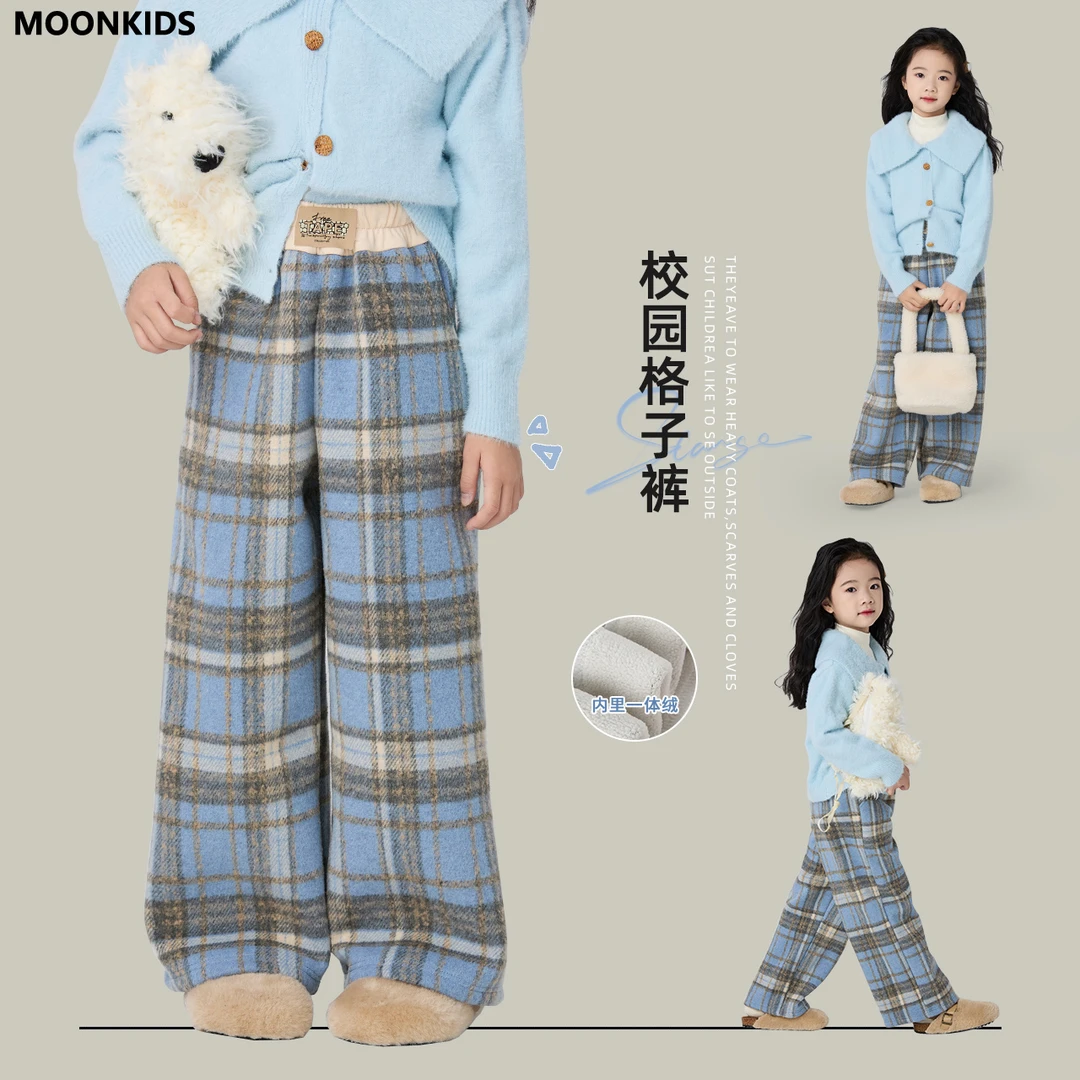 儿童毛呢阔腿裤女童冬季加绒加厚格子休闲长裤一体绒中大童直筒裤