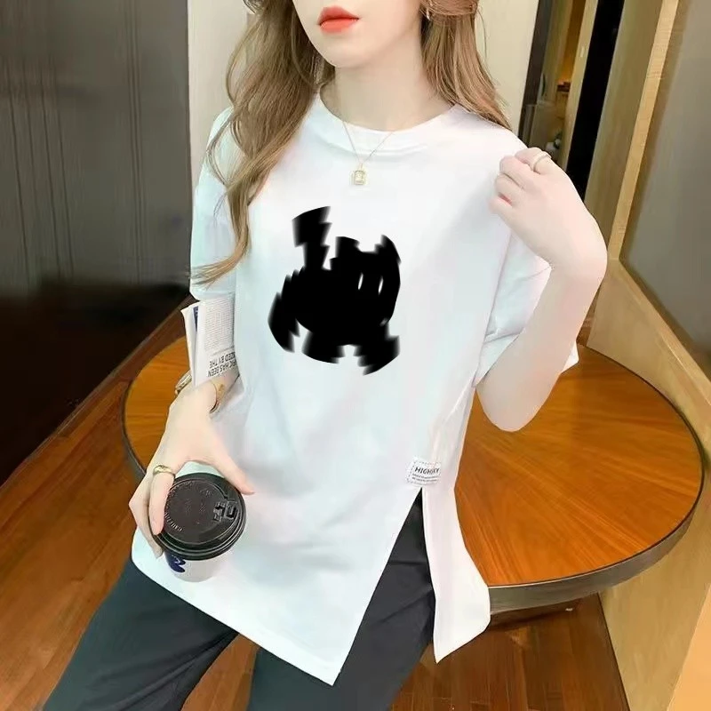 2024夏季新款设计感不规则开叉百搭时尚中长款纯棉短袖体恤女印花