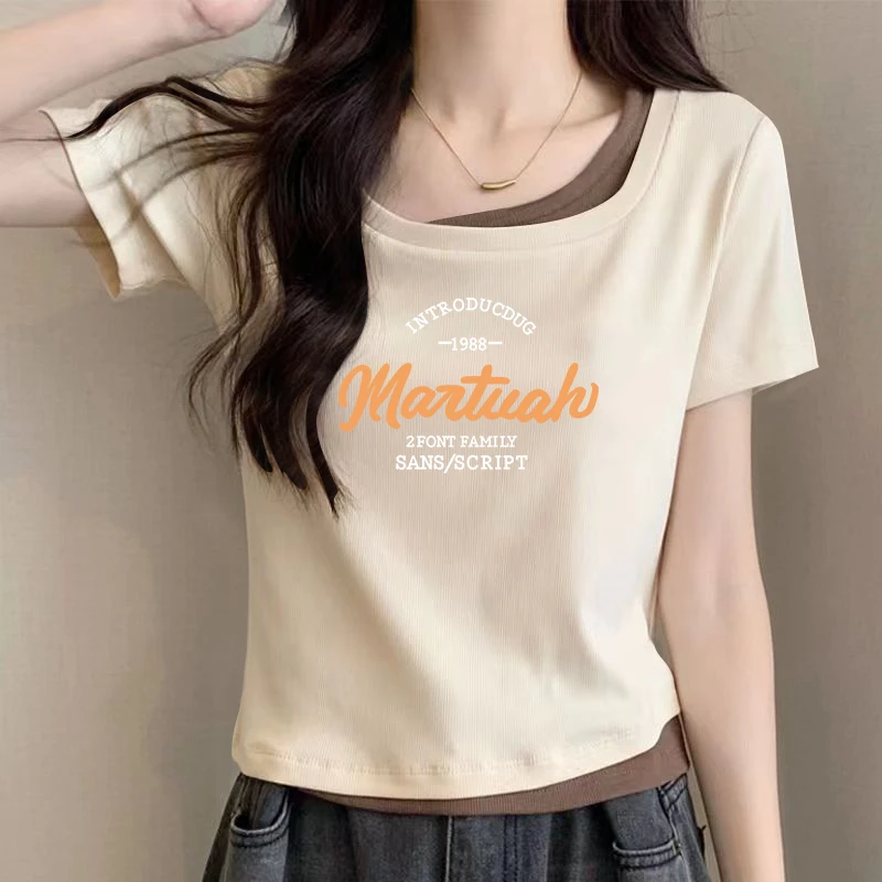 2024新款t恤显瘦夏季小众修身小个子方领假两件设计感百搭短袖ins