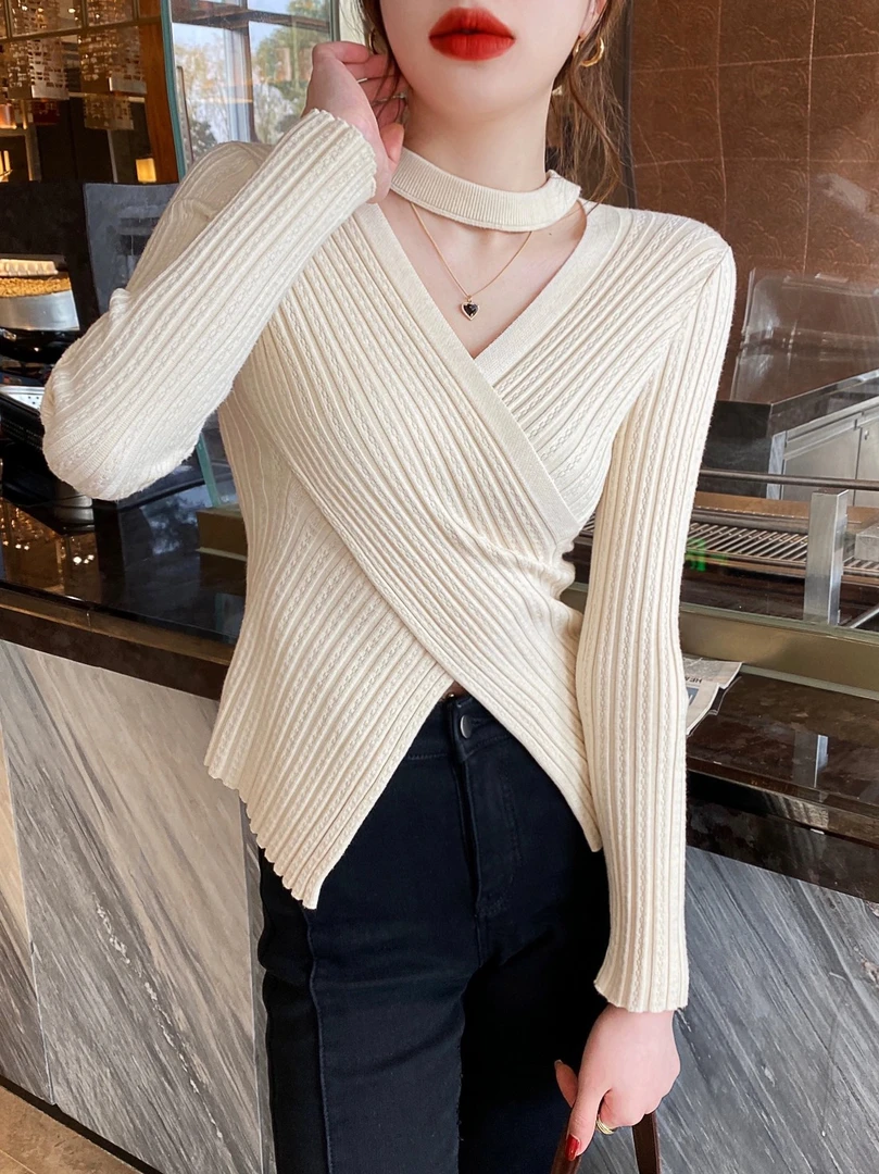 （②直播间扣号）打底衫女内搭镂空修身上衣秋冬新款长袖针织显瘦v领