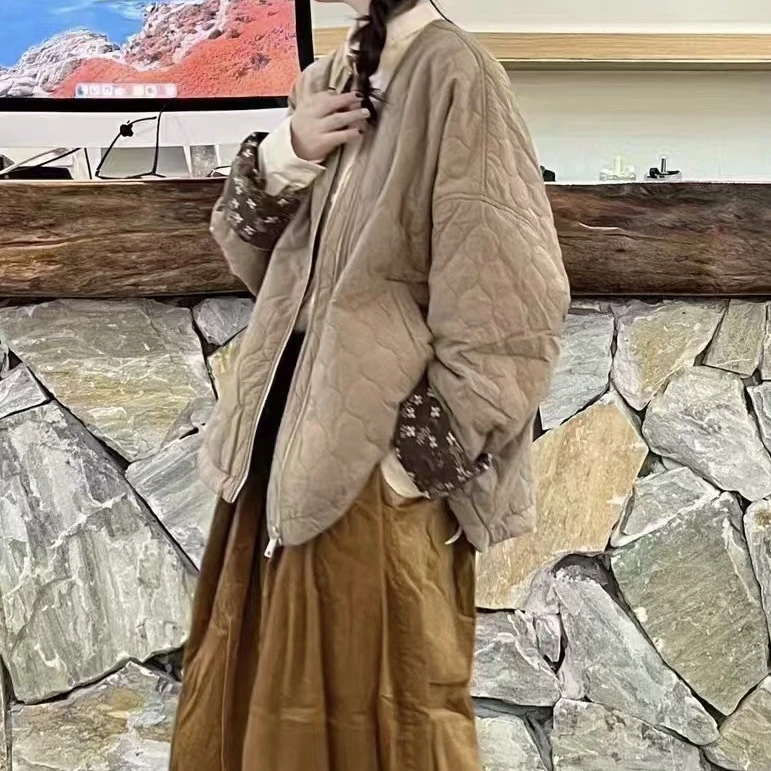 山茶服装店｜秋冬新款高品质休闲宽松圆领拉链棉服封里小碎花外套