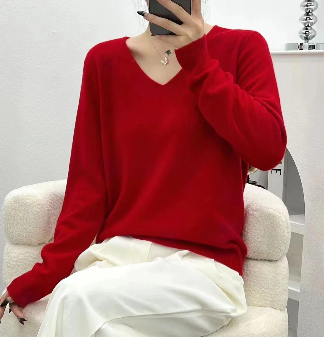 （5801）#无缝一体纯羊毛#纯色V领秋冬女士百搭显瘦时尚休闲针织