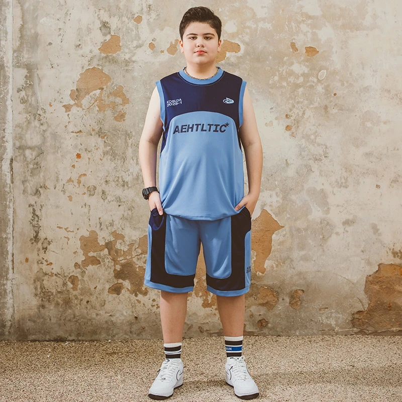 胖童夏季背心运动套装中大童大码青少年宽松胖童装加肥加大篮球服