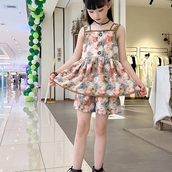 女童2025薄款夏季中大童套装洋气吊带时尚时髦无袖儿童碎花两件套