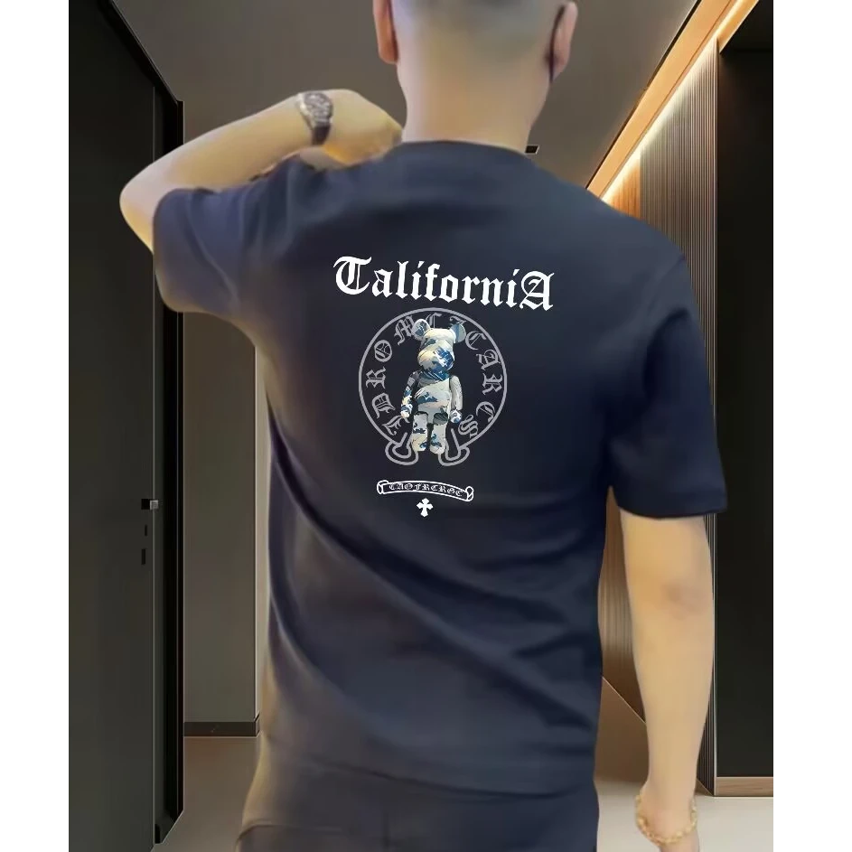 2024新款时尚潮流休闲男士百搭修身圆领弹力印花高品质短袖