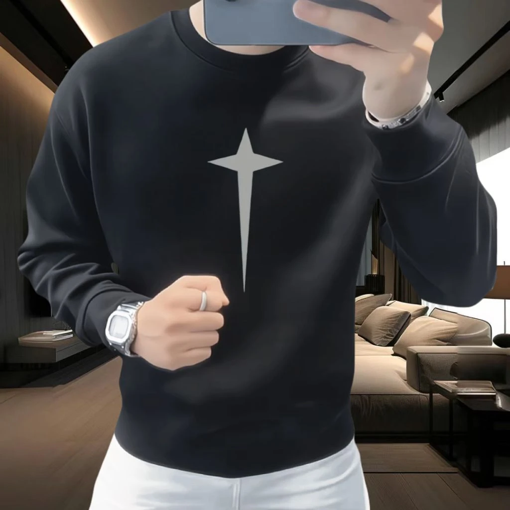 2024秋冬新款时尚潮流休闲男士百搭印花卫衣修身弹力圆领男上衣