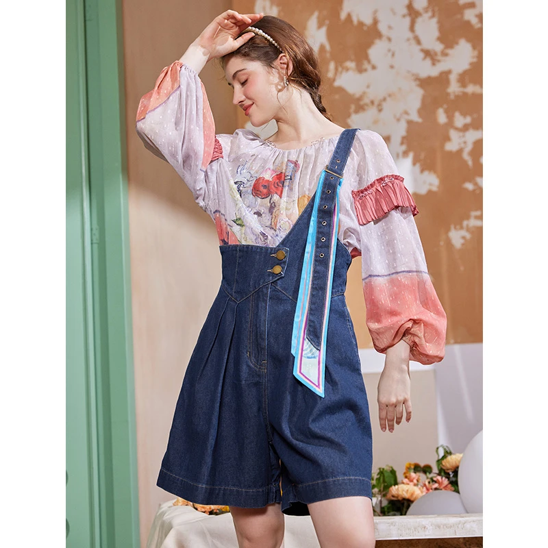 两三事鸢尾独白印花丝带装饰牛仔短裤S23XKL005