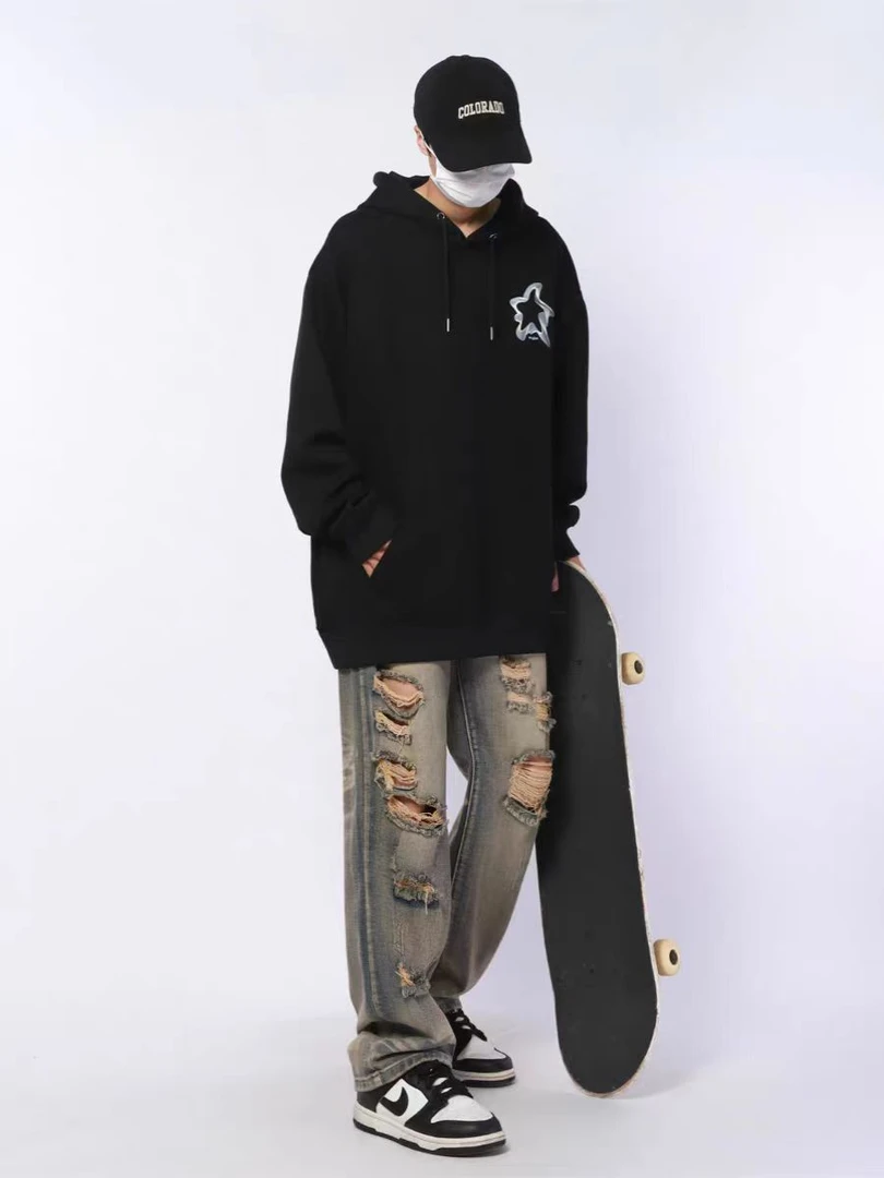 【大玲姐加绒帽衫】星星款黑色连帽加绒保暖卫衣