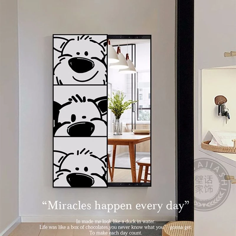 线条小狗推拉全身镜壁挂式家用隐形穿衣镜挂墙玄关试衣镜子装饰画