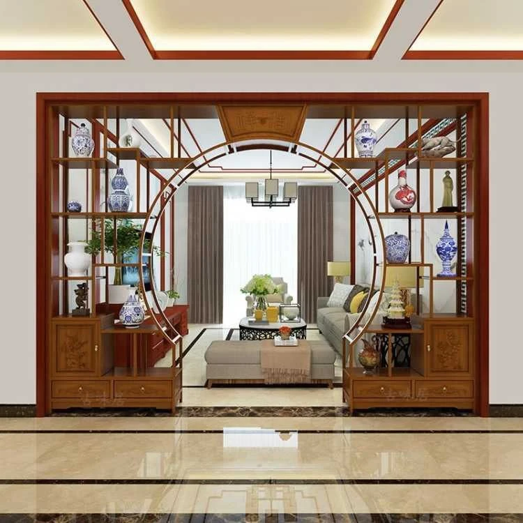 仿古实木中式月洞门博古架南榆木定制隔断月亮门客厅玄关书架现货
