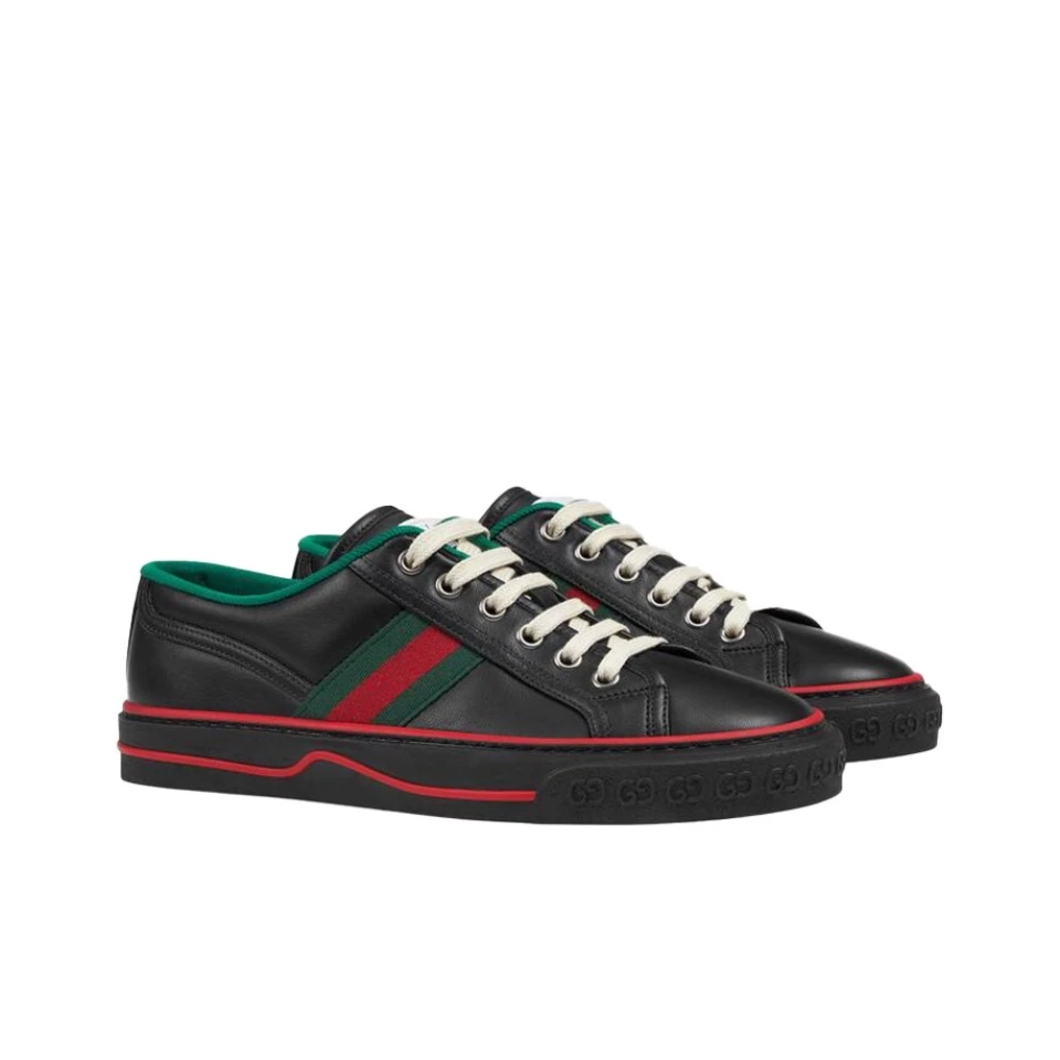 未使用 GUCCI/古驰 Tennis1977系列黑色全皮系带低帮板鞋男女
