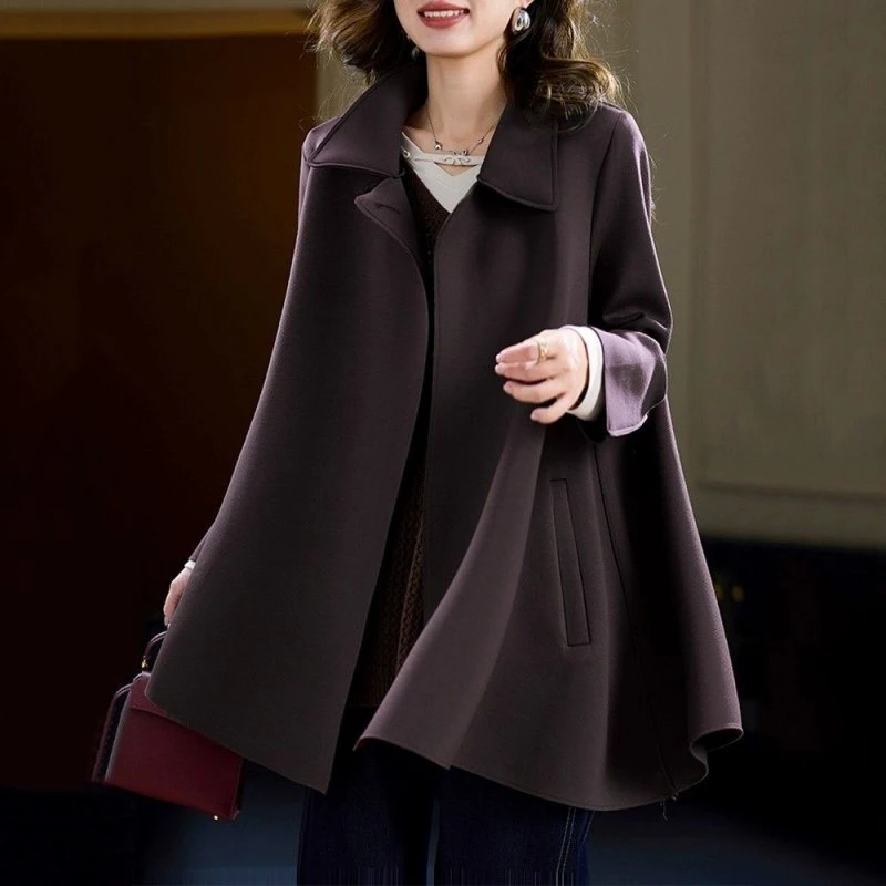 画卿2025秋冬新款时尚韩版显瘦百搭气质纯色翻领斗篷式毛呢外套女