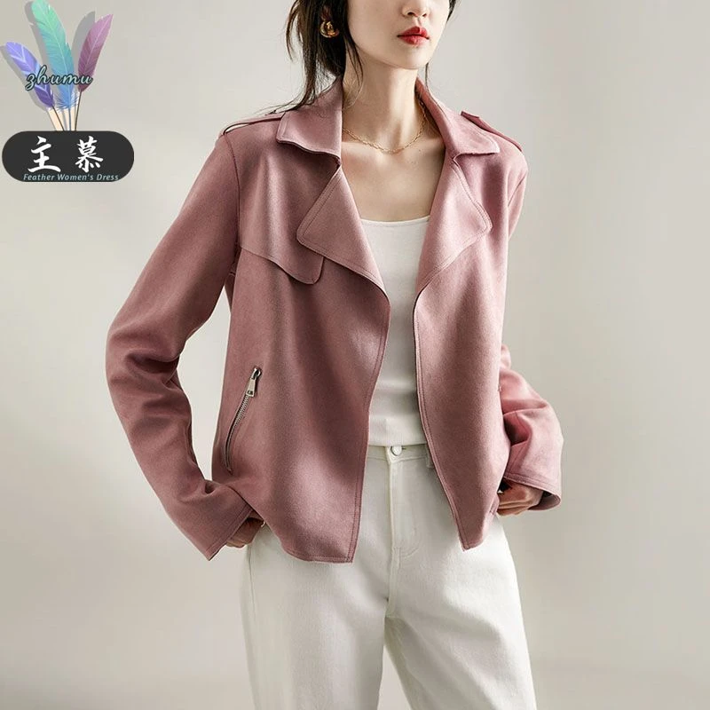 主慕2024秋季新款时尚韩系显瘦气质机车风纯色Polo领短外套女