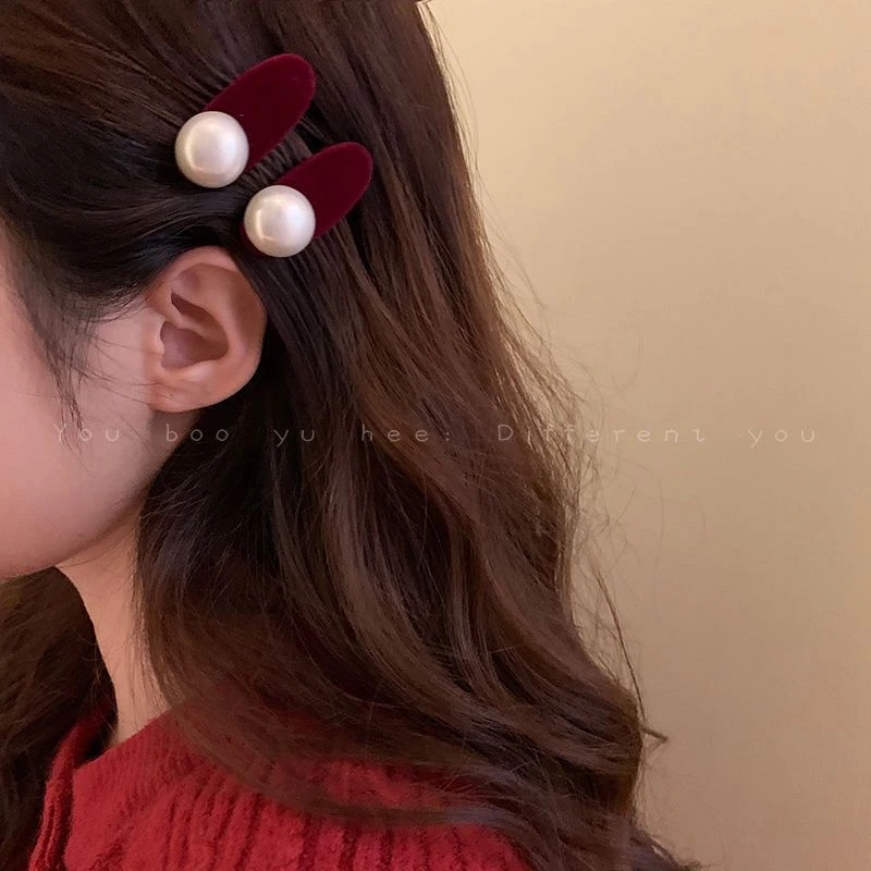 酒红色珠珠丝绒发夹女侧边刘海一字夹小号头饰秋季复古碎发夹发饰