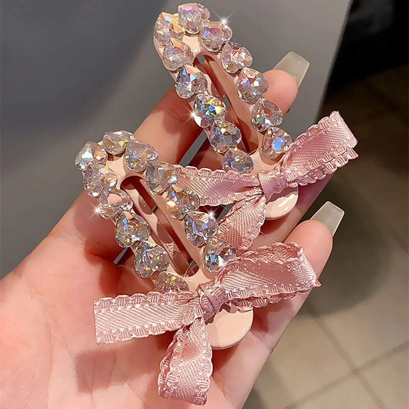韩国甜美气质超闪水钻发夹粉色蝴蝶结侧边夹碎发夹刘海夹发饰头饰