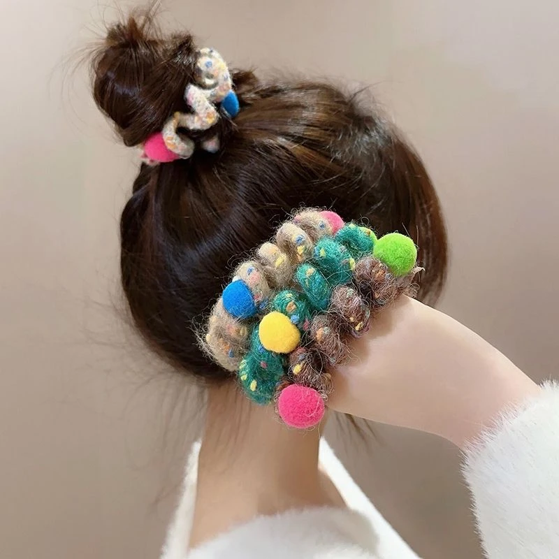 彩虹软糖~秋冬毛线电话线发圈百搭头绳2023新款高端扎头女橡皮筋
