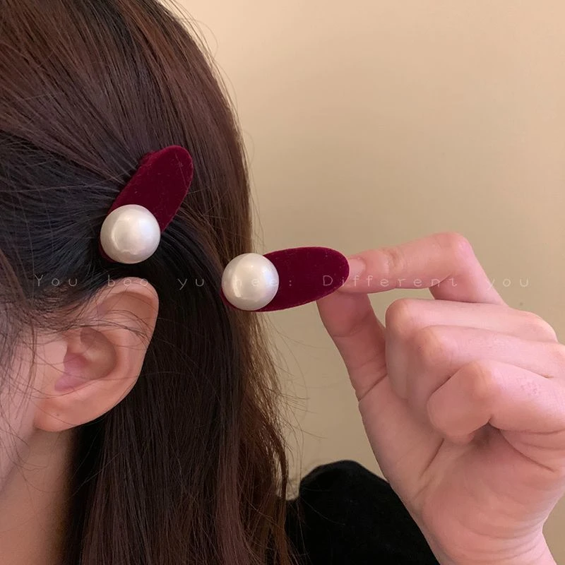 黑色丝绒珠珠侧边发夹女前额刘海碎发鸭嘴边夹秋冬法式小夹子头饰